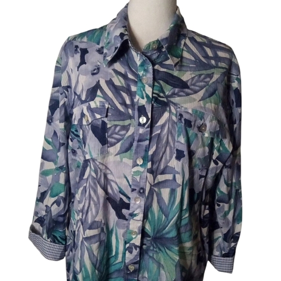 Vintage Alfred Dunner Tropical Botanical Print Blue Gingham Contrasting Cuff 20 - Picture 2 of 8